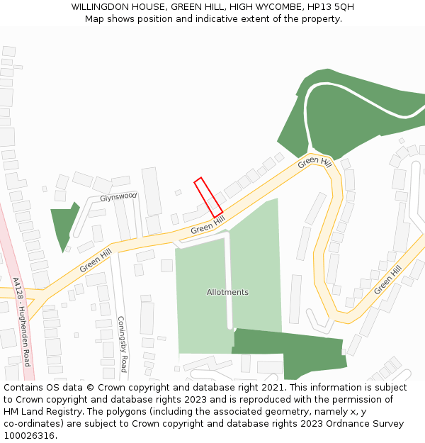 WILLINGDON HOUSE, GREEN HILL, HIGH WYCOMBE, HP13 5QH: Location map and indicative extent of plot