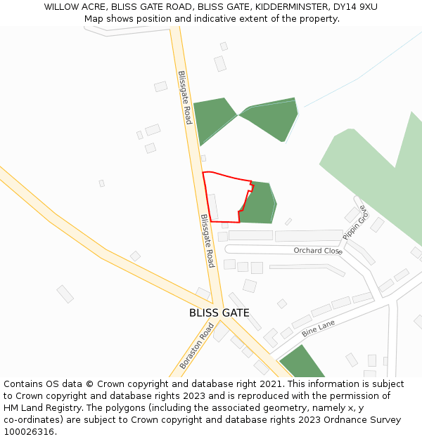 WILLOW ACRE, BLISS GATE ROAD, BLISS GATE, KIDDERMINSTER, DY14 9XU: Location map and indicative extent of plot