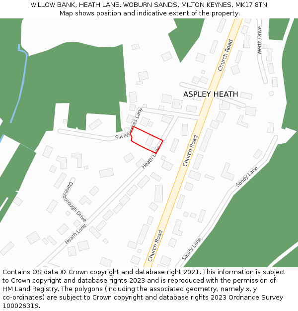 WILLOW BANK, HEATH LANE, WOBURN SANDS, MILTON KEYNES, MK17 8TN: Location map and indicative extent of plot