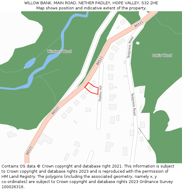 WILLOW BANK, MAIN ROAD, NETHER PADLEY, HOPE VALLEY, S32 2HE: Location map and indicative extent of plot