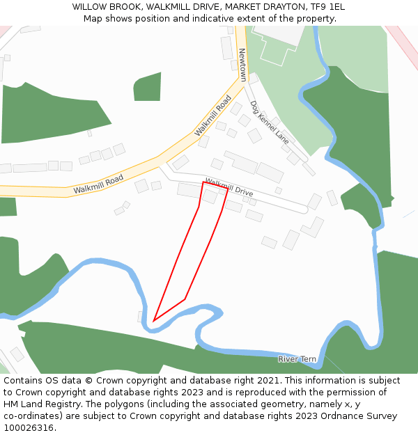 WILLOW BROOK, WALKMILL DRIVE, MARKET DRAYTON, TF9 1EL: Location map and indicative extent of plot