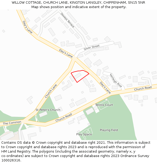 WILLOW COTTAGE, CHURCH LANE, KINGTON LANGLEY, CHIPPENHAM, SN15 5NR: Location map and indicative extent of plot