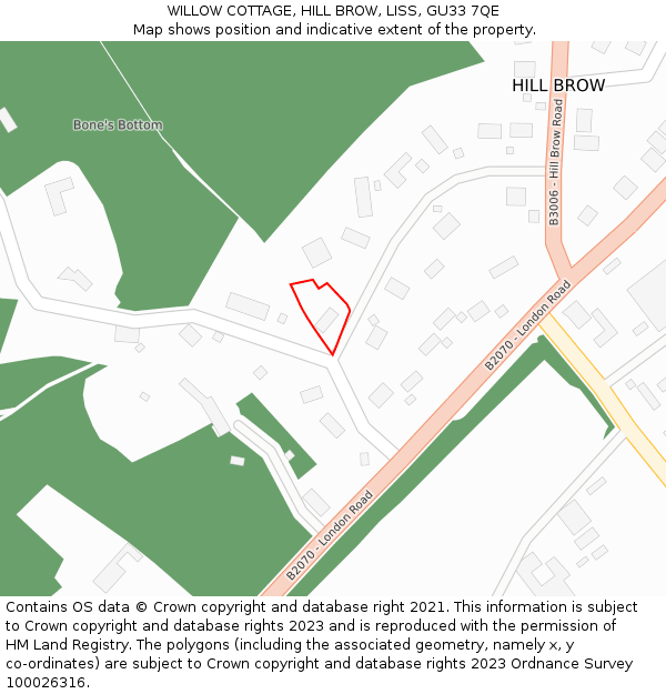 WILLOW COTTAGE, HILL BROW, LISS, GU33 7QE: Location map and indicative extent of plot