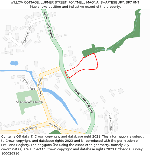 WILLOW COTTAGE, LURMER STREET, FONTMELL MAGNA, SHAFTESBURY, SP7 0NT: Location map and indicative extent of plot