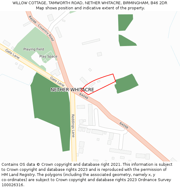 WILLOW COTTAGE, TAMWORTH ROAD, NETHER WHITACRE, BIRMINGHAM, B46 2DR: Location map and indicative extent of plot