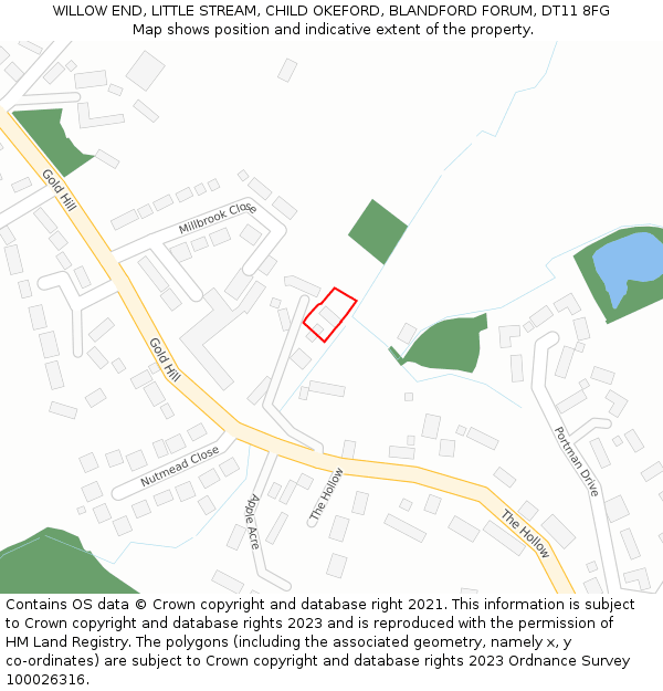 WILLOW END, LITTLE STREAM, CHILD OKEFORD, BLANDFORD FORUM, DT11 8FG: Location map and indicative extent of plot