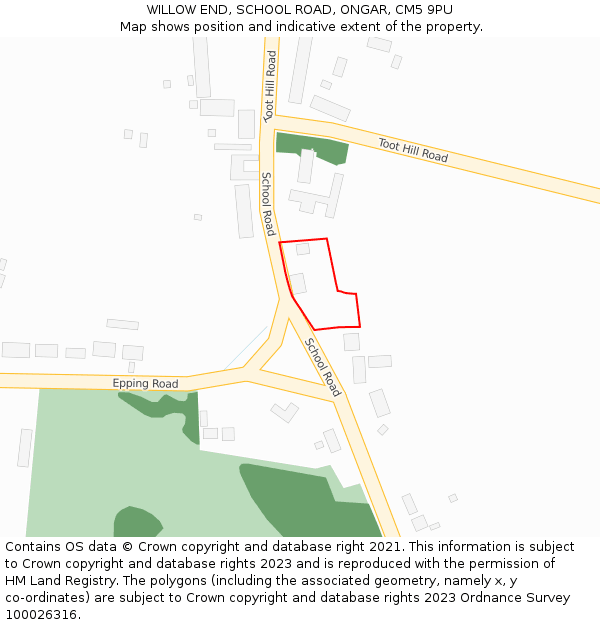 WILLOW END, SCHOOL ROAD, ONGAR, CM5 9PU: Location map and indicative extent of plot
