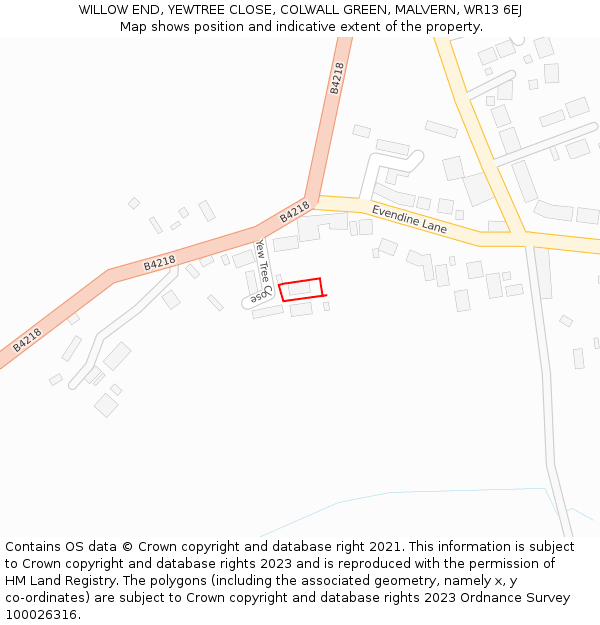 WILLOW END, YEWTREE CLOSE, COLWALL GREEN, MALVERN, WR13 6EJ: Location map and indicative extent of plot