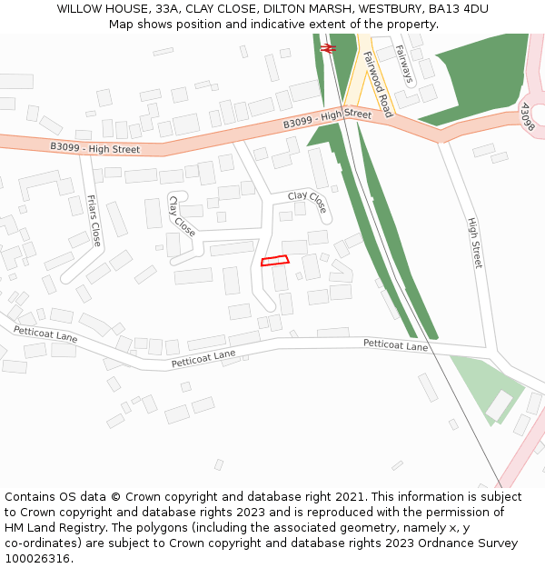 WILLOW HOUSE, 33A, CLAY CLOSE, DILTON MARSH, WESTBURY, BA13 4DU: Location map and indicative extent of plot