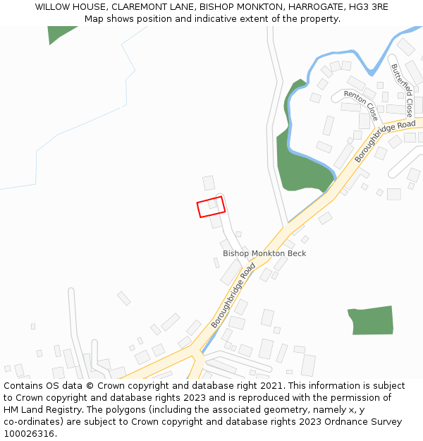 WILLOW HOUSE, CLAREMONT LANE, BISHOP MONKTON, HARROGATE, HG3 3RE: Location map and indicative extent of plot