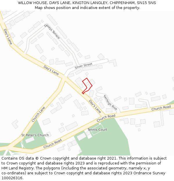 WILLOW HOUSE, DAYS LANE, KINGTON LANGLEY, CHIPPENHAM, SN15 5NS: Location map and indicative extent of plot