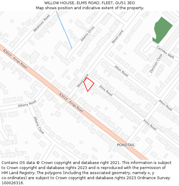 WILLOW HOUSE, ELMS ROAD, FLEET, GU51 3EG: Location map and indicative extent of plot