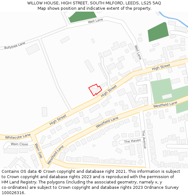 WILLOW HOUSE, HIGH STREET, SOUTH MILFORD, LEEDS, LS25 5AQ: Location map and indicative extent of plot