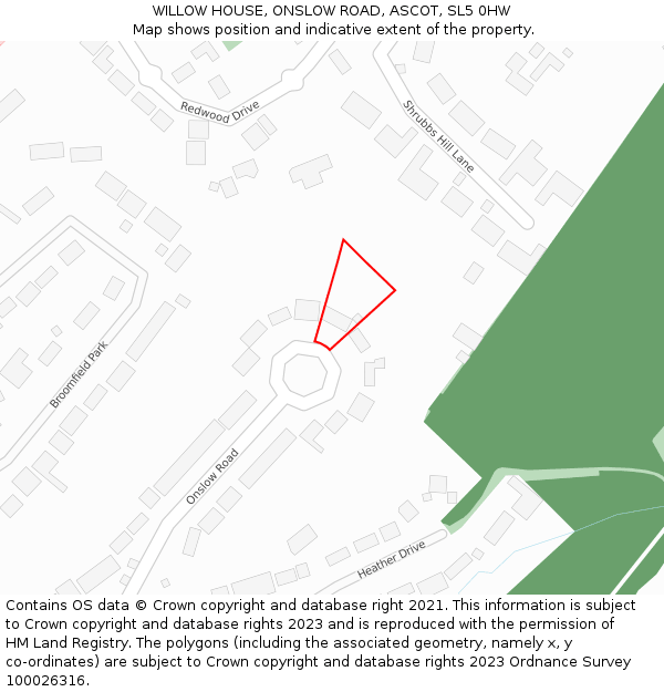 WILLOW HOUSE, ONSLOW ROAD, ASCOT, SL5 0HW: Location map and indicative extent of plot