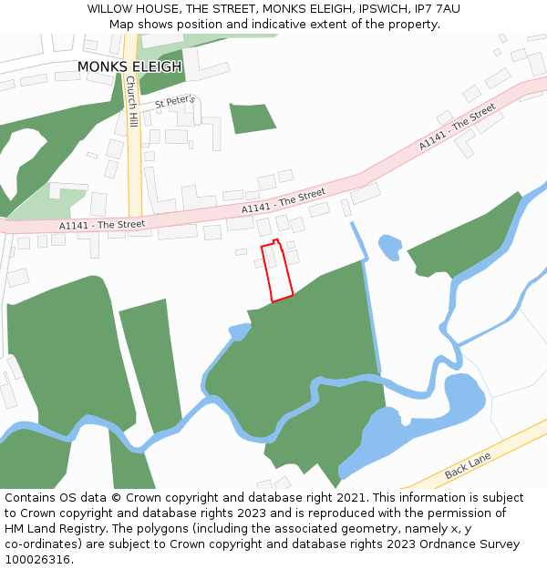WILLOW HOUSE, THE STREET, MONKS ELEIGH, IPSWICH, IP7 7AU: Location map and indicative extent of plot