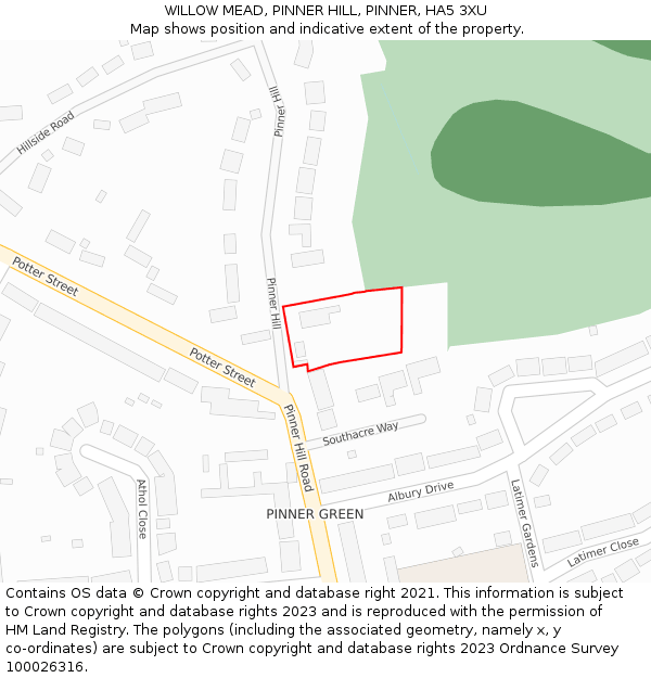 WILLOW MEAD, PINNER HILL, PINNER, HA5 3XU: Location map and indicative extent of plot