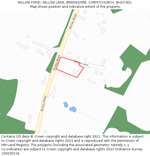 WILLOW POND, WILLOW LANE, BRANSGORE, CHRISTCHURCH, BH23 8DL: Location map and indicative extent of plot