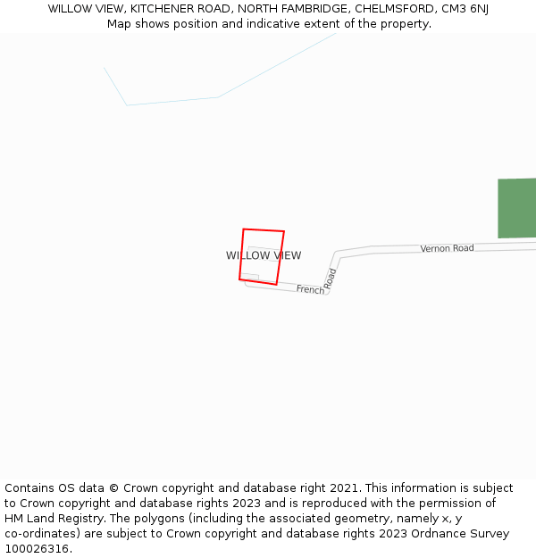 WILLOW VIEW, KITCHENER ROAD, NORTH FAMBRIDGE, CHELMSFORD, CM3 6NJ: Location map and indicative extent of plot