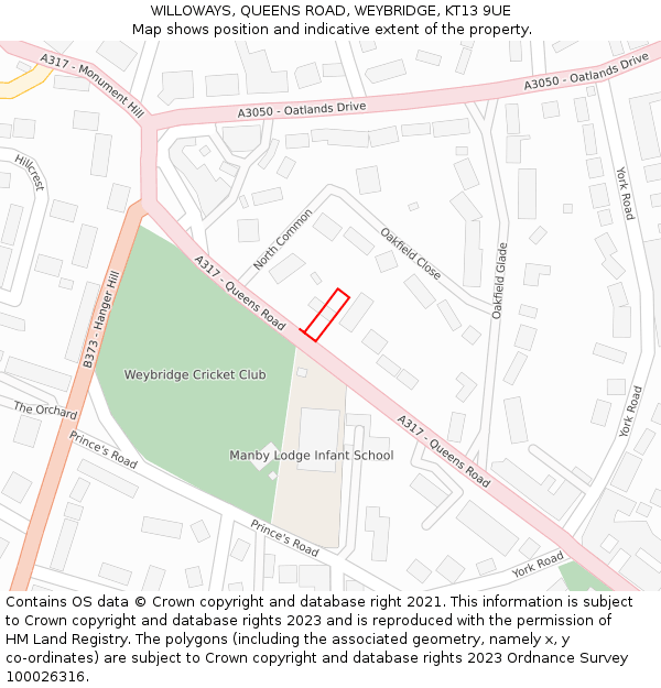 WILLOWAYS, QUEENS ROAD, WEYBRIDGE, KT13 9UE: Location map and indicative extent of plot