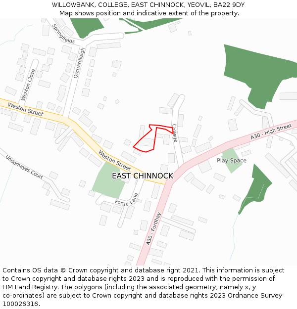 WILLOWBANK, COLLEGE, EAST CHINNOCK, YEOVIL, BA22 9DY: Location map and indicative extent of plot