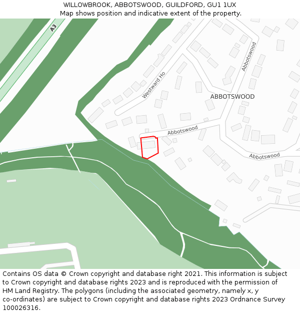 WILLOWBROOK, ABBOTSWOOD, GUILDFORD, GU1 1UX: Location map and indicative extent of plot