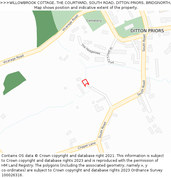 WILLOWBROOK COTTAGE, THE COURTYARD, SOUTH ROAD, DITTON PRIORS, BRIDGNORTH, WV16 6SJ: Location map and indicative extent of plot