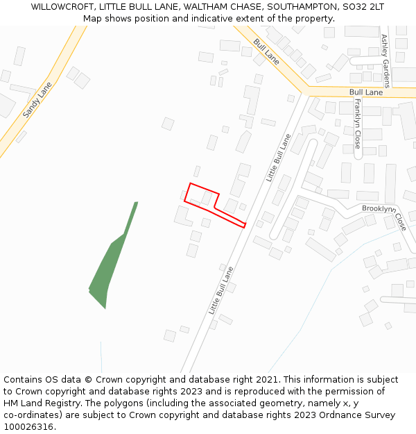 WILLOWCROFT, LITTLE BULL LANE, WALTHAM CHASE, SOUTHAMPTON, SO32 2LT: Location map and indicative extent of plot