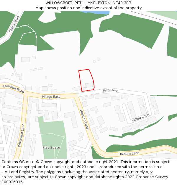WILLOWCROFT, PETH LANE, RYTON, NE40 3PB: Location map and indicative extent of plot