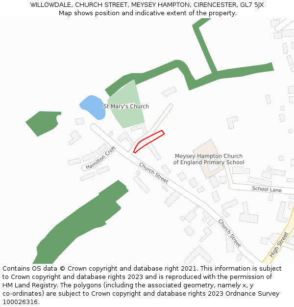 WILLOWDALE, CHURCH STREET, MEYSEY HAMPTON, CIRENCESTER, GL7 5JX: Location map and indicative extent of plot