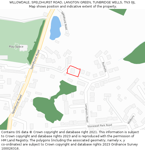 WILLOWDALE, SPELDHURST ROAD, LANGTON GREEN, TUNBRIDGE WELLS, TN3 0JL: Location map and indicative extent of plot