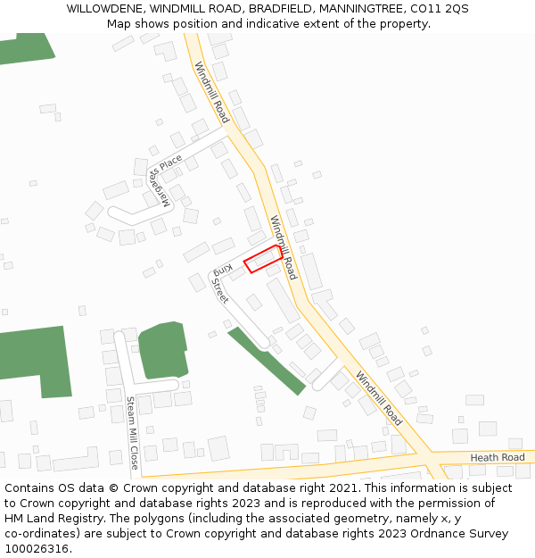 WILLOWDENE, WINDMILL ROAD, BRADFIELD, MANNINGTREE, CO11 2QS: Location map and indicative extent of plot