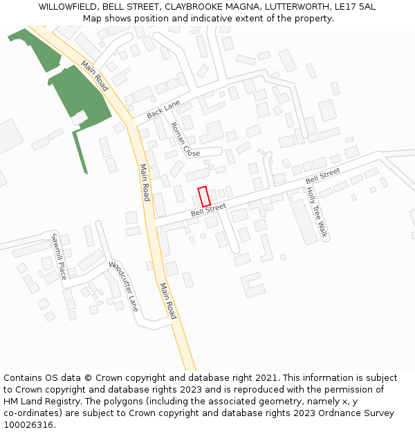 WILLOWFIELD, BELL STREET, CLAYBROOKE MAGNA, LUTTERWORTH, LE17 5AL: Location map and indicative extent of plot