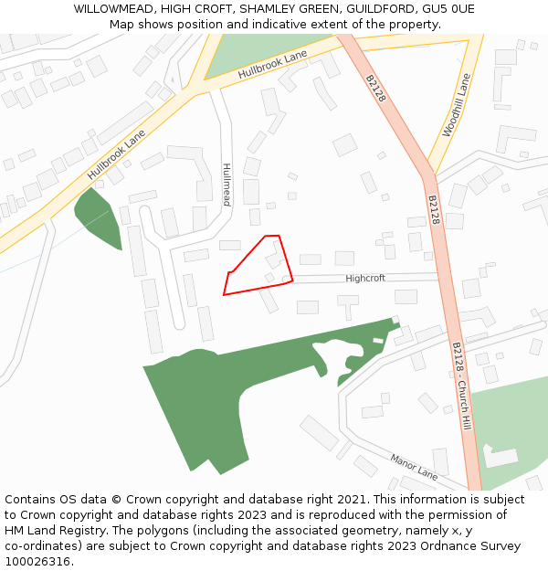 WILLOWMEAD, HIGH CROFT, SHAMLEY GREEN, GUILDFORD, GU5 0UE: Location map and indicative extent of plot