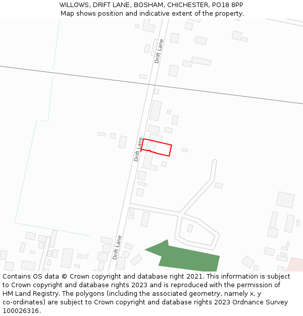 WILLOWS, DRIFT LANE, BOSHAM, CHICHESTER, PO18 8PP: Location map and indicative extent of plot