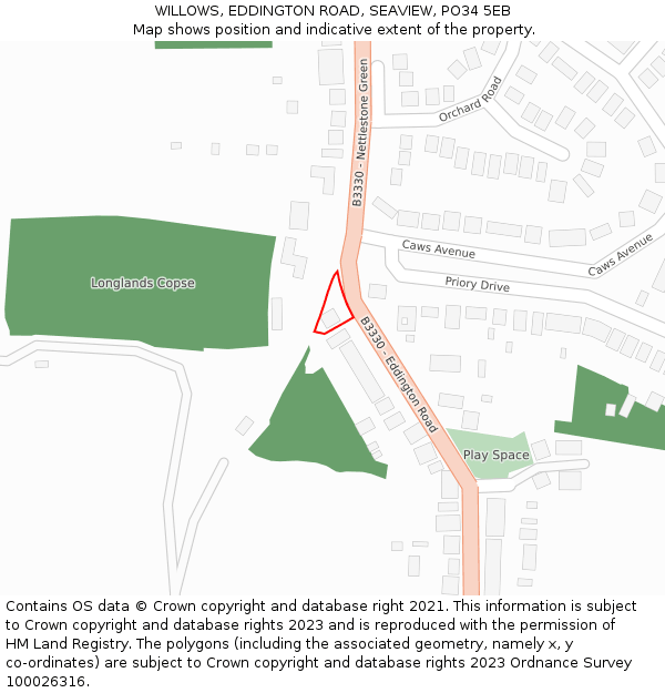 WILLOWS, EDDINGTON ROAD, SEAVIEW, PO34 5EB: Location map and indicative extent of plot