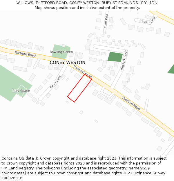 WILLOWS, THETFORD ROAD, CONEY WESTON, BURY ST EDMUNDS, IP31 1DN: Location map and indicative extent of plot