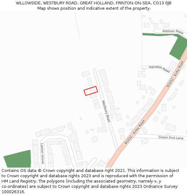 WILLOWSIDE, WESTBURY ROAD, GREAT HOLLAND, FRINTON-ON-SEA, CO13 0JB: Location map and indicative extent of plot