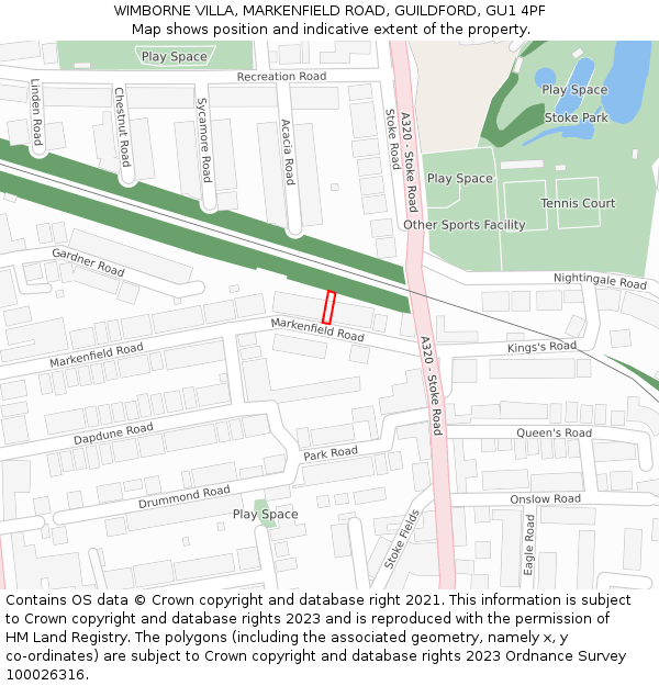 WIMBORNE VILLA, MARKENFIELD ROAD, GUILDFORD, GU1 4PF: Location map and indicative extent of plot