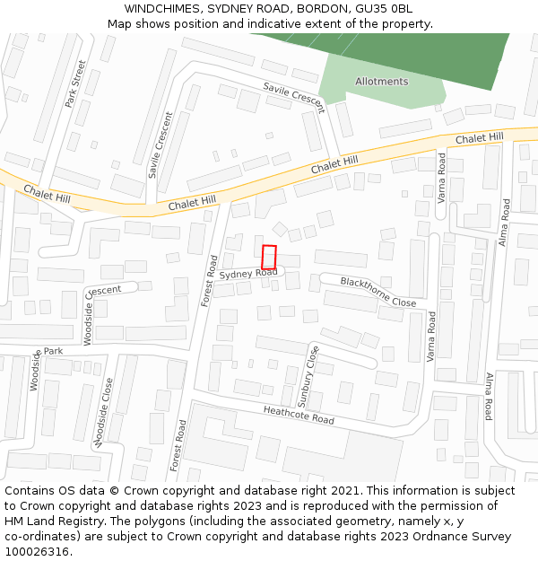 WINDCHIMES, SYDNEY ROAD, BORDON, GU35 0BL: Location map and indicative extent of plot