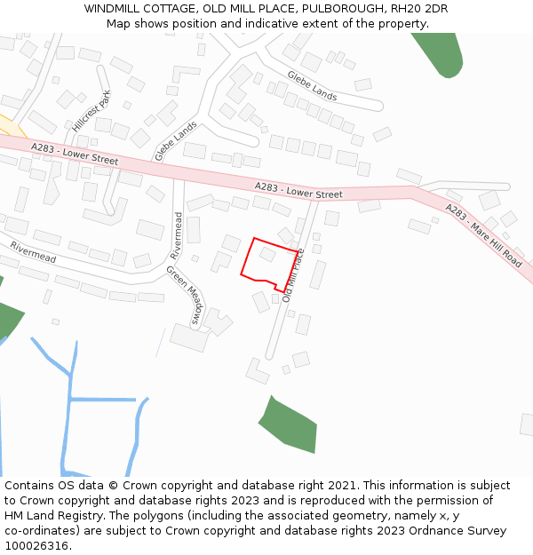 WINDMILL COTTAGE, OLD MILL PLACE, PULBOROUGH, RH20 2DR: Location map and indicative extent of plot