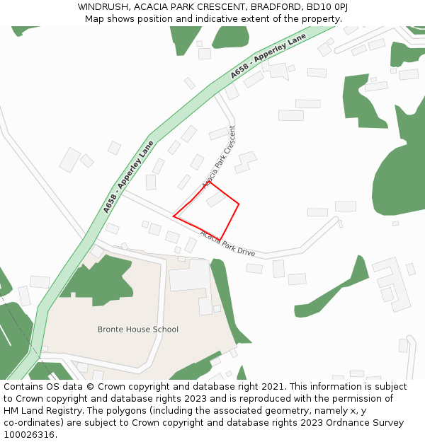 WINDRUSH, ACACIA PARK CRESCENT, BRADFORD, BD10 0PJ: Location map and indicative extent of plot