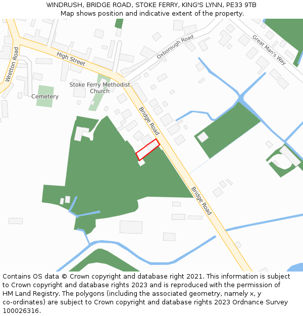 WINDRUSH, BRIDGE ROAD, STOKE FERRY, KING'S LYNN, PE33 9TB: Location map and indicative extent of plot