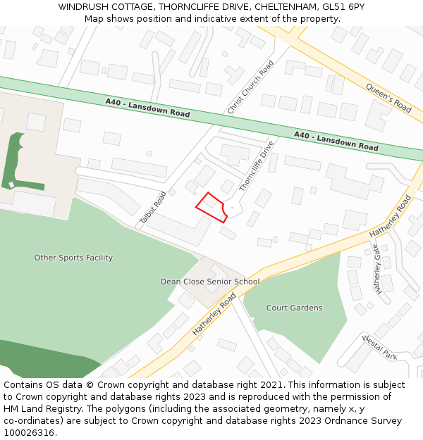 WINDRUSH COTTAGE, THORNCLIFFE DRIVE, CHELTENHAM, GL51 6PY: Location map and indicative extent of plot