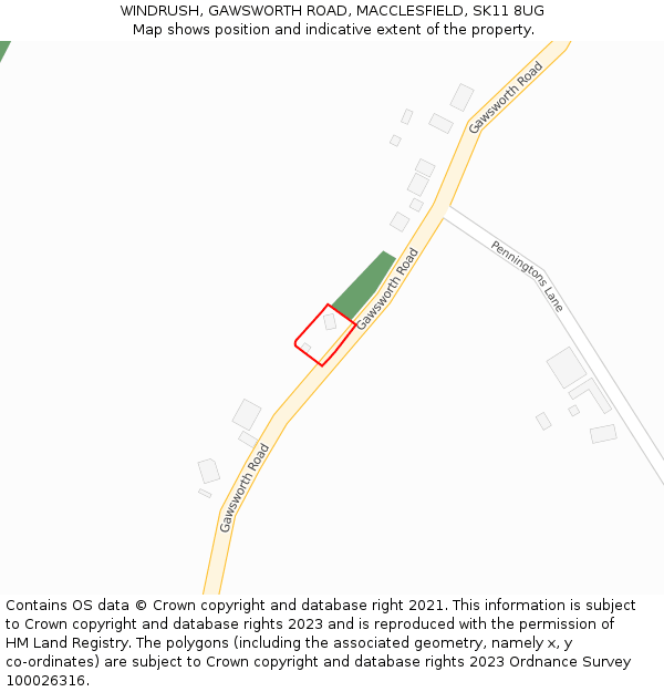 WINDRUSH, GAWSWORTH ROAD, MACCLESFIELD, SK11 8UG: Location map and indicative extent of plot