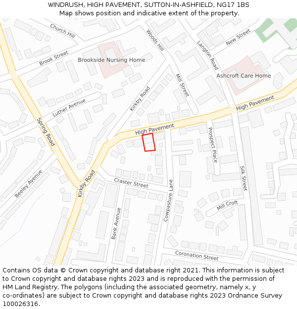 WINDRUSH, HIGH PAVEMENT, SUTTON-IN-ASHFIELD, NG17 1BS: Location map and indicative extent of plot