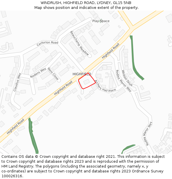 WINDRUSH, HIGHFIELD ROAD, LYDNEY, GL15 5NB: Location map and indicative extent of plot