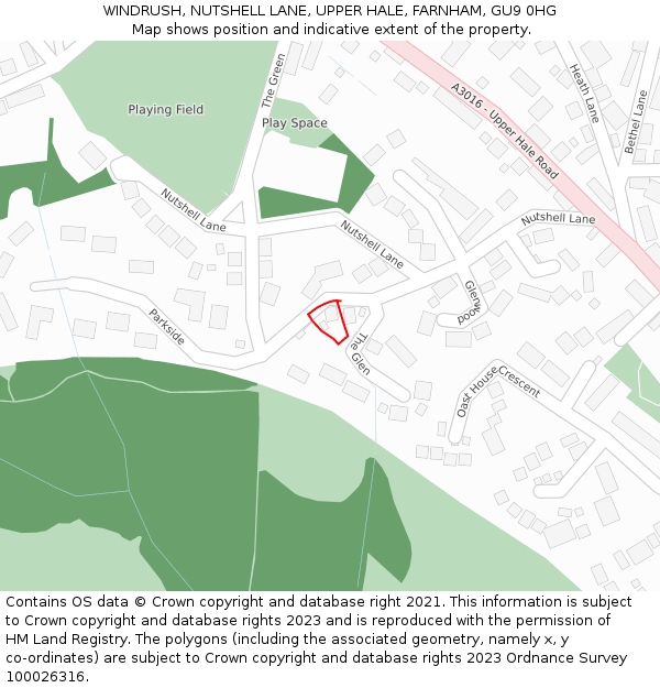 WINDRUSH, NUTSHELL LANE, UPPER HALE, FARNHAM, GU9 0HG: Location map and indicative extent of plot