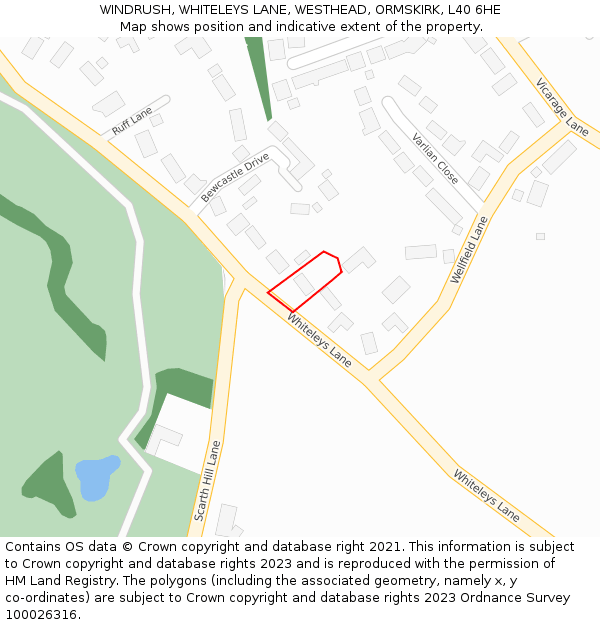 WINDRUSH, WHITELEYS LANE, WESTHEAD, ORMSKIRK, L40 6HE: Location map and indicative extent of plot