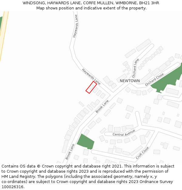 WINDSONG, HAYWARDS LANE, CORFE MULLEN, WIMBORNE, BH21 3HR: Location map and indicative extent of plot