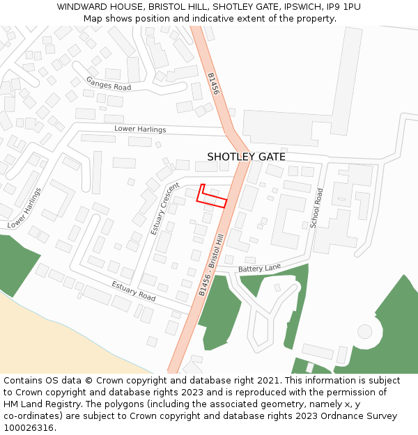 WINDWARD HOUSE, BRISTOL HILL, SHOTLEY GATE, IPSWICH, IP9 1PU: Location map and indicative extent of plot